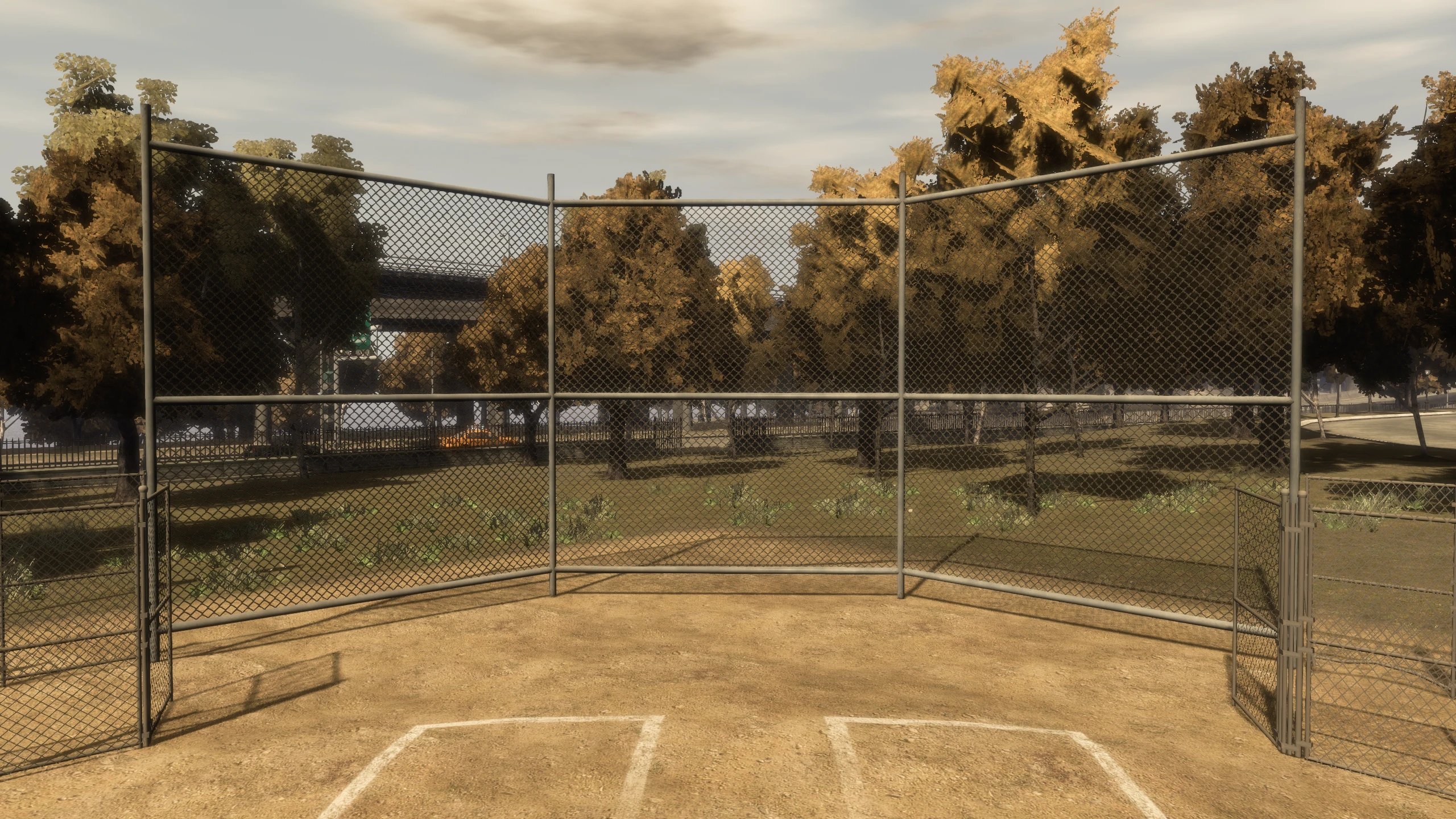 A screenshot of the same fence in GTA IV but the transparency is fixed and you can now see through the gaps in the fence.