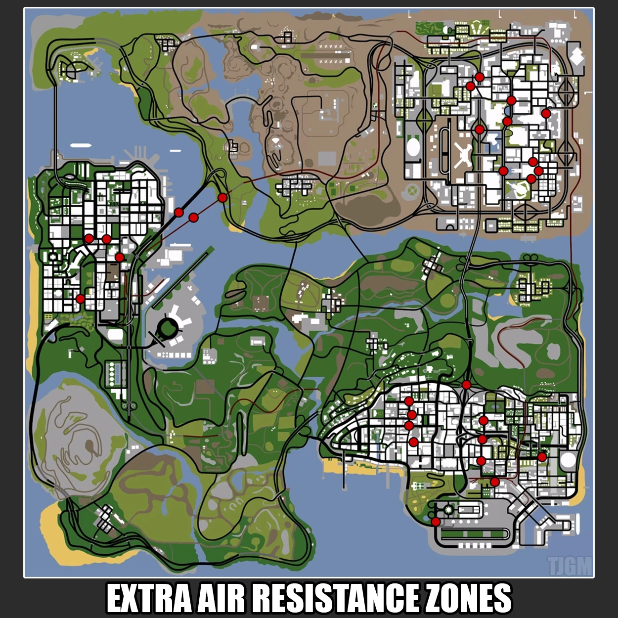 San Andreas map with all cull zones labelled that add extra air resistance